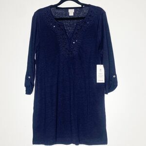 New Chico's Embroidered Long-Line Linen Knit Tunic Women's Size XS (Chico's 00)